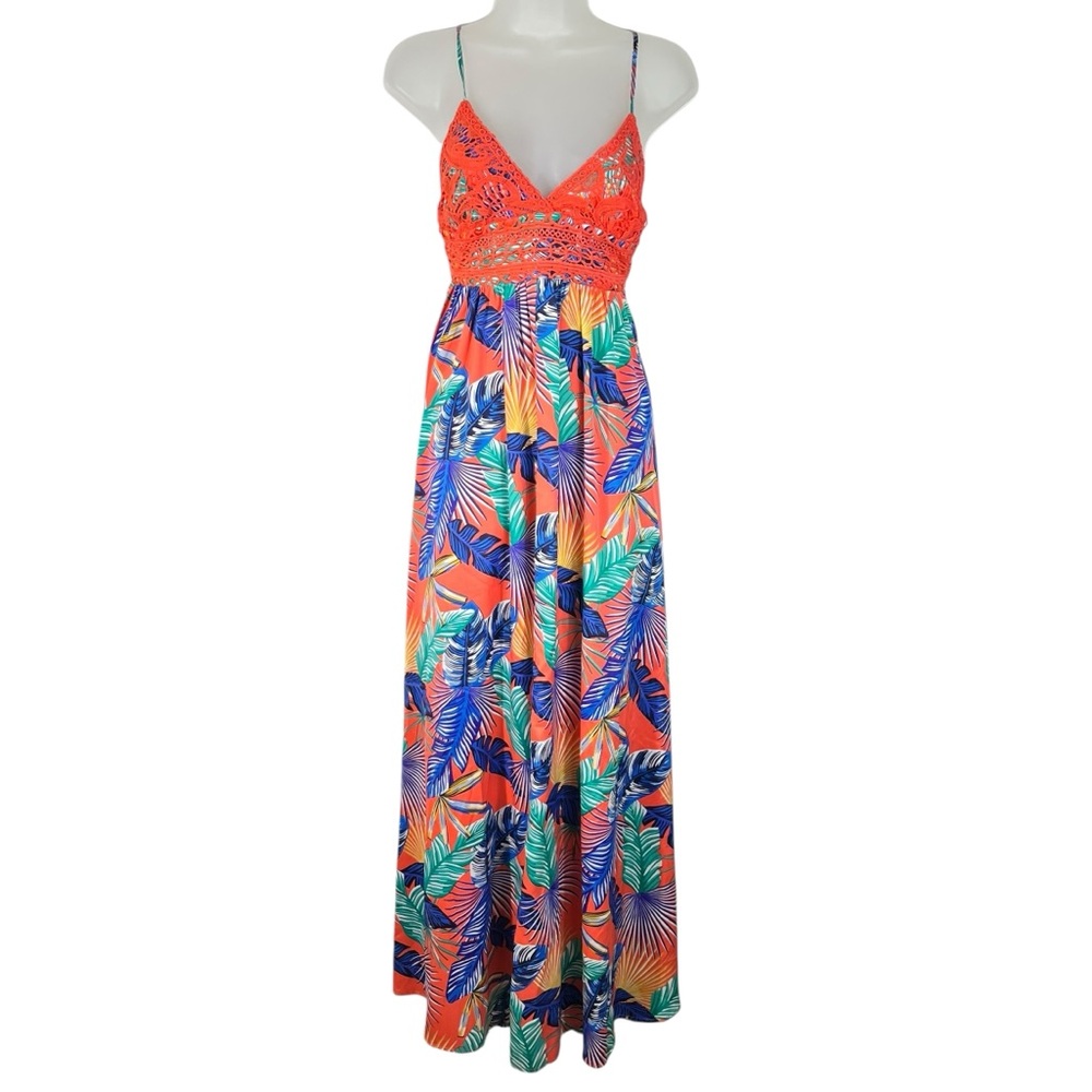Almost Pink Boutique Tropical Floral Tie Back Maxi Length Tank Dress Crochet S